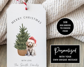 Personalized Puppy&#39;s Christmas Gift Tags, Printable Gift Tags, Multiple Dog Breeds, Puppy with Santa Hat, Holiday Gift Tags