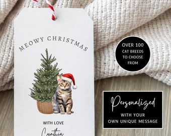 Personalized Cat Christmas Gift Tags, Printable Gift Tags, Multiple Cat Breeds, Kitty with Santa Hat, Holiday Gift Tags