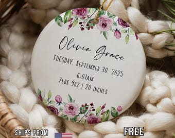 Personalized Floral Newborn Ornament, Custom Birth Stats Keepsake