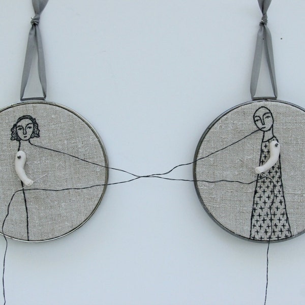 hand embroidered art -we complete each other textile art fiber art