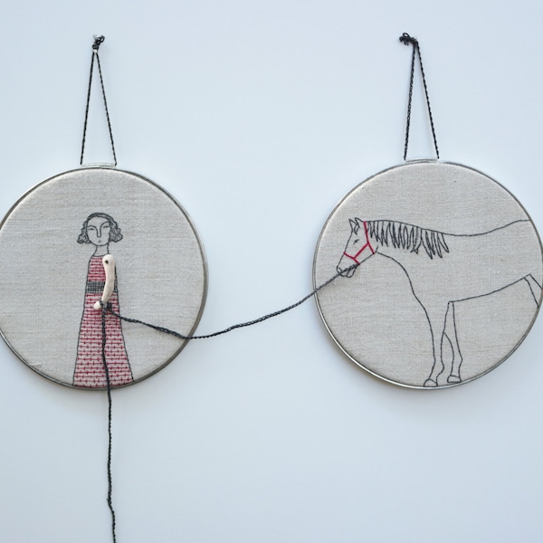 hand embroidery hoop art-  girl and her horse textile art fiber art