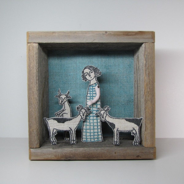 fiber art diorama - girl and her goats