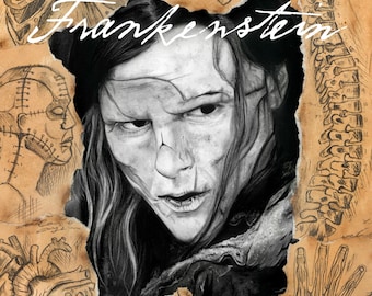 May include: A black and white portrait of a creature with scarred skin and dark hair, centered against a torn paper background featuring anatomical sketches of a ribcage, brain, spine, heart, eye, and hand, with the word Frankenstein written.