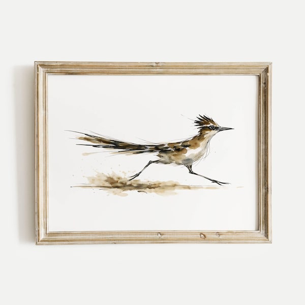 Roadrunner running on desert Watercolor Poster Print, Birds Wall Art, Ink & Wash Nature Decor, Spring Floral Bird Lover Gift for Home