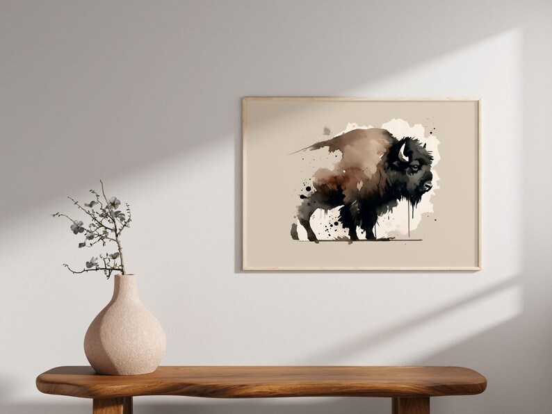 Bison Buffalo Watercolor Acrylic Poster Print, Abstract Rustic Animal Wall Art, Nature Wildlife Gift for Kids Room, Office, or Home Decor