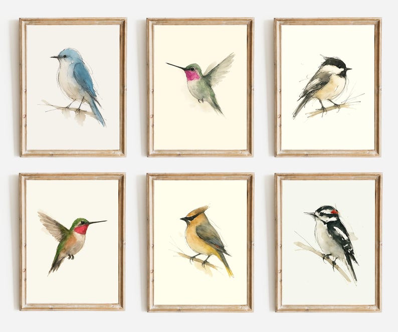 Watercolor Poster Print, Wall Art, Ink & Wash Nature Decor, Spring Floral Bird Gift for Home