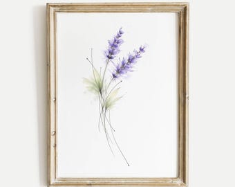 Abstract Lavender Flower Ink and Watercolor Print, Minimalist Floral Wall Art Poster, Modern Botanical Illustration, Nature Art Decor