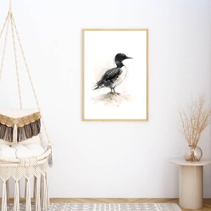 Common Loon standing on soft ground Watercolor Poster Print, waterbird Wall Art, Ink & Wash Nature Decor, Spring Floral Bird Gift for Home