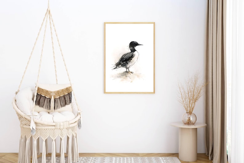 Common Loon standing on soft ground Watercolor Poster Print, waterbird Wall Art, Ink & Wash Nature Decor, Spring Floral Bird Gift for Home