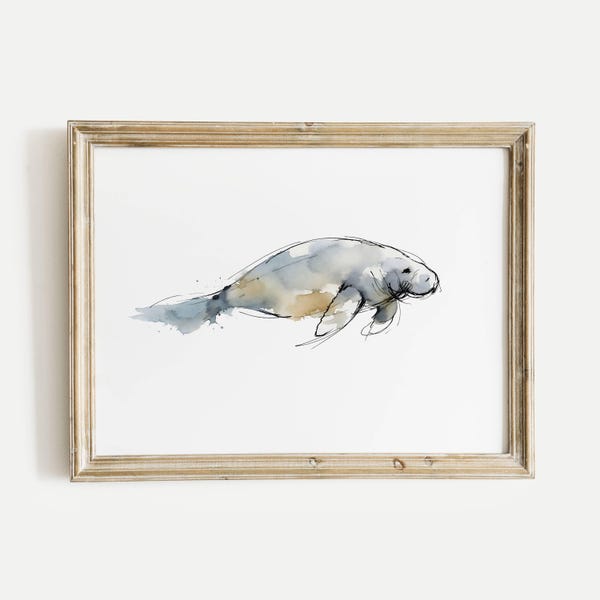 Manatee Gentle Giants Sea Cow Watercolor Abstract Print, Minimalist Ink Wash Ocean Artwork, Marine Decor, Aquatic Poster, Wall Art