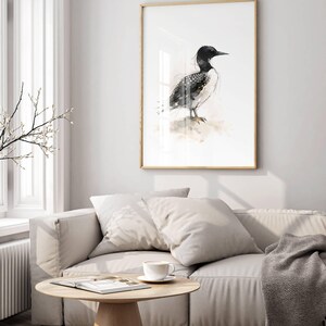 Common Loon standing on soft ground Watercolor Poster Print, waterbird Wall Art, Ink & Wash Nature Decor, Spring Floral Bird Gift for Home