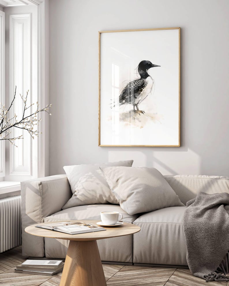 Common Loon standing on soft ground Watercolor Poster Print, waterbird Wall Art, Ink & Wash Nature Decor, Spring Floral Bird Gift for Home