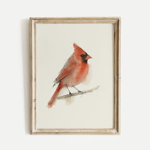 Red Cardinal Watercolor Poster Print, Red Songbird Wall Art, Ink & Wash Nature Decor, Spring Floral Bird Gift for Home and Office, No Frame