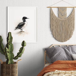 Common Loon standing on soft ground Watercolor Poster Print, waterbird Wall Art, Ink & Wash Nature Decor, Spring Floral Bird Gift for Home