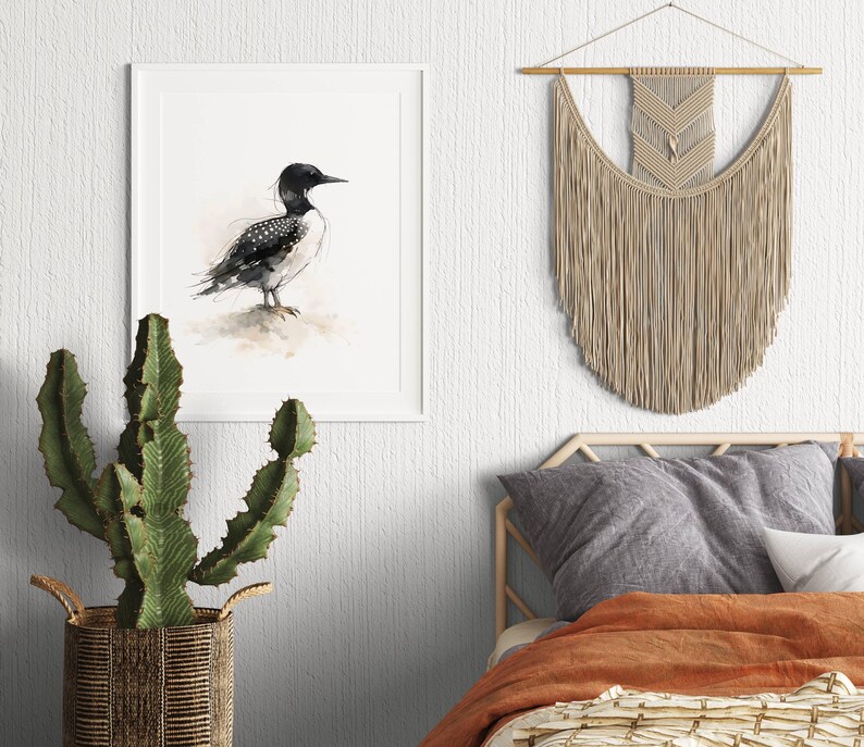 Common Loon standing on soft ground Watercolor Poster Print, waterbird Wall Art, Ink & Wash Nature Decor, Spring Floral Bird Gift for Home