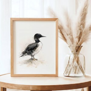 Common Loon standing on soft ground Watercolor Poster Print, waterbird Wall Art, Ink & Wash Nature Decor, Spring Floral Bird Gift for Home