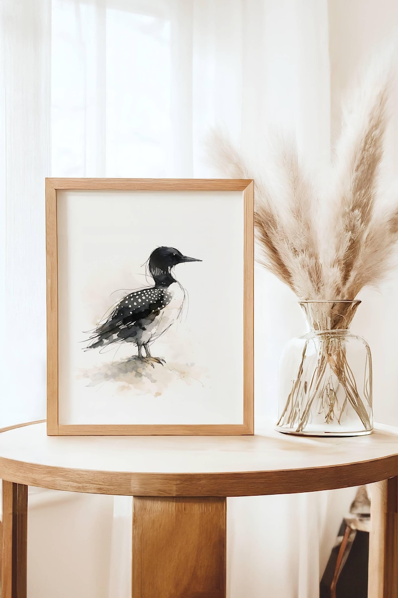 Common Loon standing on soft ground Watercolor Poster Print, waterbird Wall Art, Ink & Wash Nature Decor, Spring Floral Bird Gift for Home