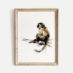 Monkey Minimalist Watercolor Ink Poster Print, Abstract African Safari Animal Wall Art, Rustic Wildlife Decor for Home & Office, Gift Idea