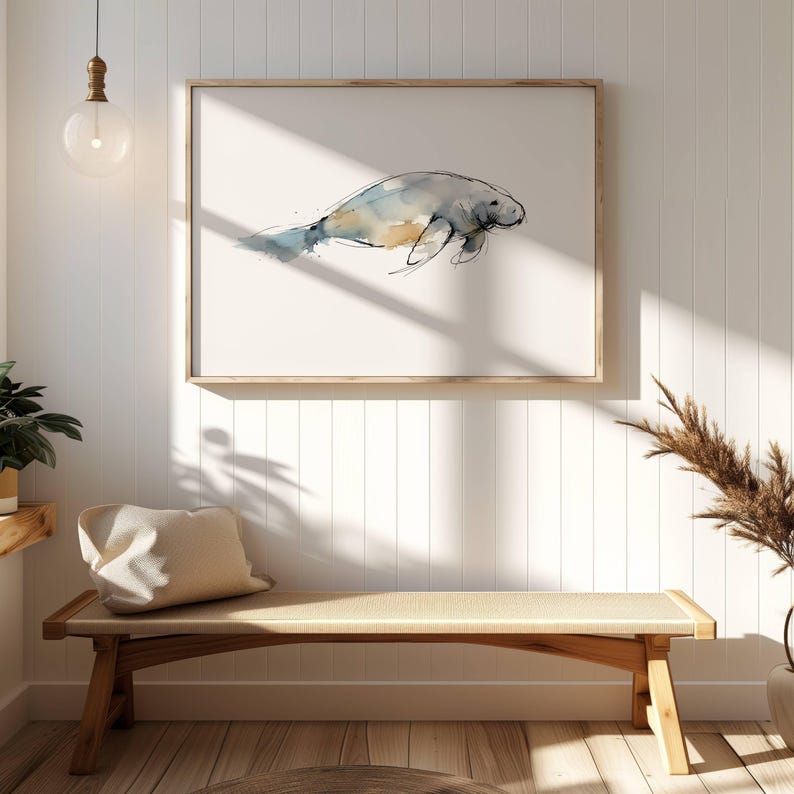 Manatee Gentle Giants Sea Cow Watercolor Abstract Print, Minimalist Ink ...