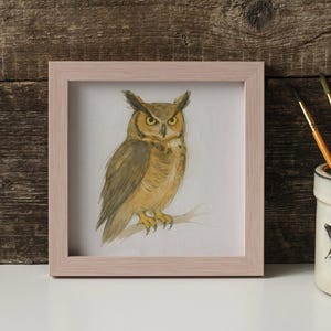 Great Horned Owl Watercolor Poster Print, Bird Lovers Wall Art, Ink & Wash Nature Decor, Spring Floral Gift for Home, Office, Print Only