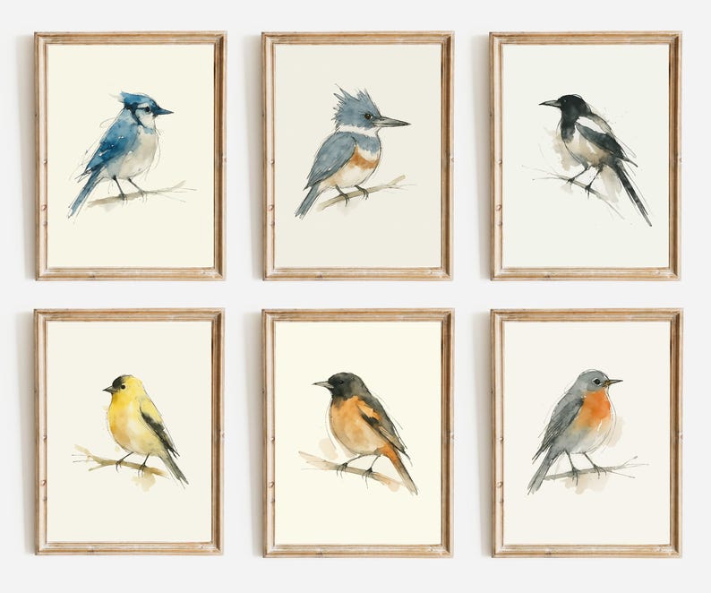 Watercolor Poster Print, Wall Art, Ink & Wash Nature Decor, Spring Floral Bird Gift for Home