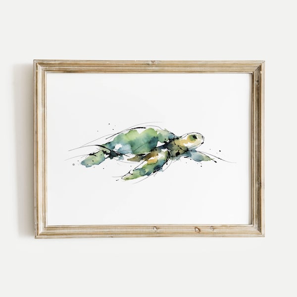 Sea Turtle Watercolor Abstract Print, Minimalist Ink Wash Ocean Artwork, Marine Decor, Aquatic Poster, Beach House Wall Art