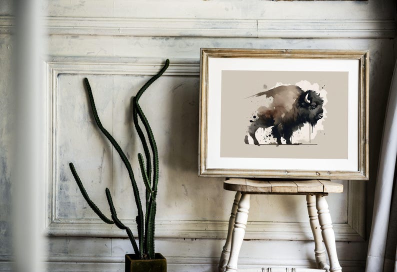 Bison Buffalo Watercolor Acrylic Poster Print, Abstract Rustic Animal Wall Art, Nature Wildlife Gift for Kids Room, Office, or Home Decor