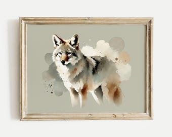 Coyote Watercolor Acrylic Poster Print, Abstract Rustic Animal Wall Art, Nature Wildlife Gift for Kids Room, Office, or Home Decor, No Frame