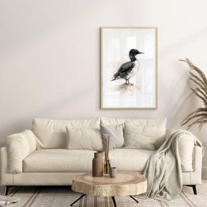 Common Loon standing on soft ground Watercolor Poster Print, waterbird Wall Art, Ink & Wash Nature Decor, Spring Floral Bird Gift for Home