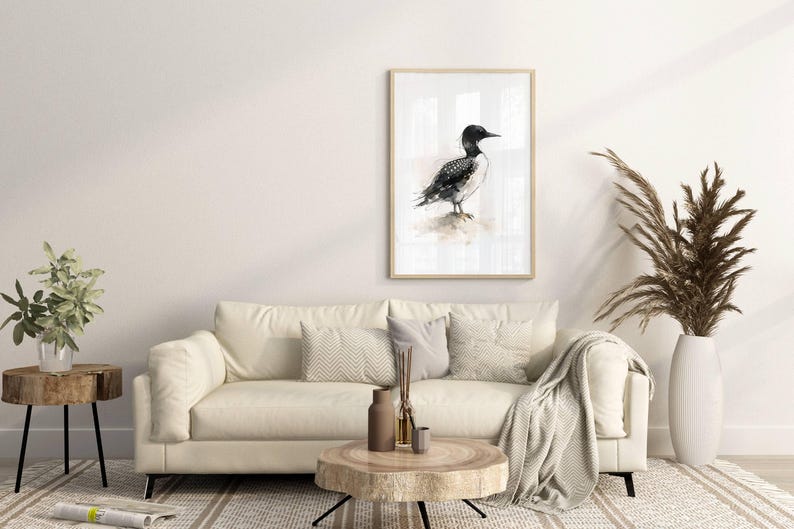 Common Loon standing on soft ground Watercolor Poster Print, waterbird Wall Art, Ink & Wash Nature Decor, Spring Floral Bird Gift for Home