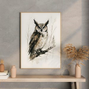 Great Horned Owl Minimalistic Watercolor Poster Print, Abstract Western Animal Wall Art, Rustic Wildlife Decor for Home & Office, Gift Idea