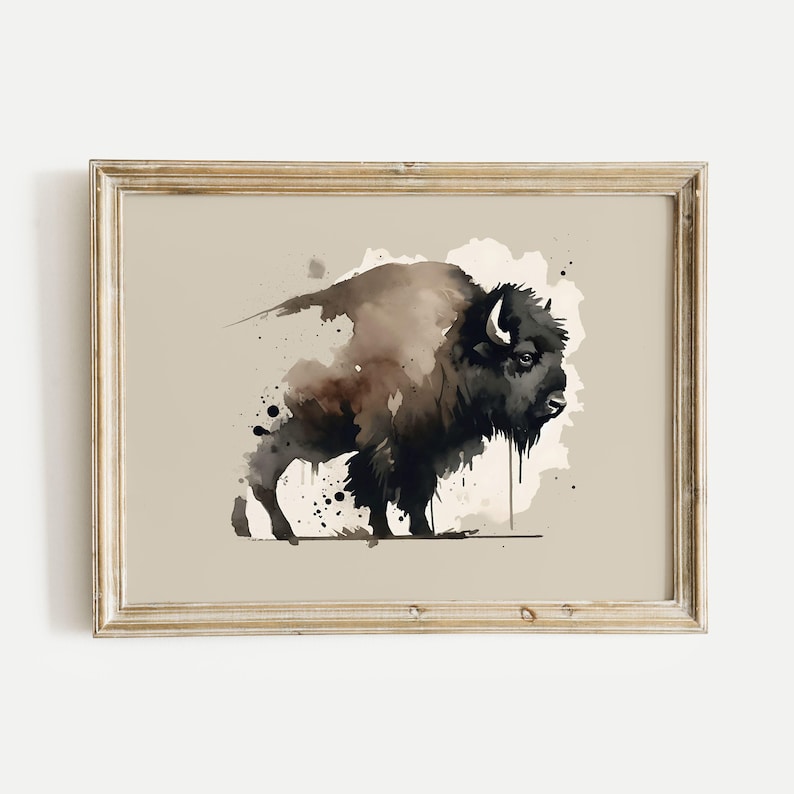 Bison Buffalo Watercolor Acrylic Poster Print, Abstract Rustic Animal Wall Art, Nature Wildlife Gift for Kids Room, Office, or Home Decor
