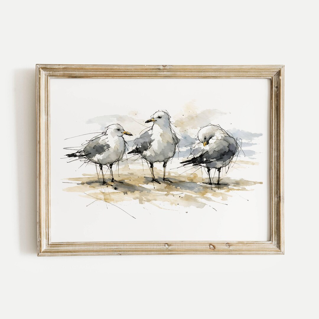 Seagulls on Sandy Beach Watercolor Poster Print, Waterbirds Wall Art ...