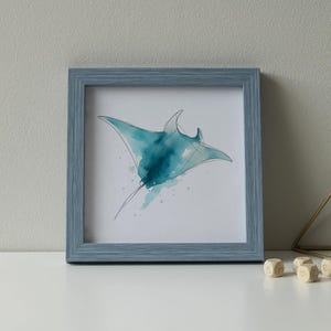Giant Manta Ray Ocean Animal Watercolor Poster Print, Abstract Marine Life Ink Art, Sea Creature Wall Decor, Coastal Nature Gift for Home