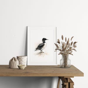 Common Loon standing on soft ground Watercolor Poster Print, waterbird Wall Art, Ink & Wash Nature Decor, Spring Floral Bird Gift for Home