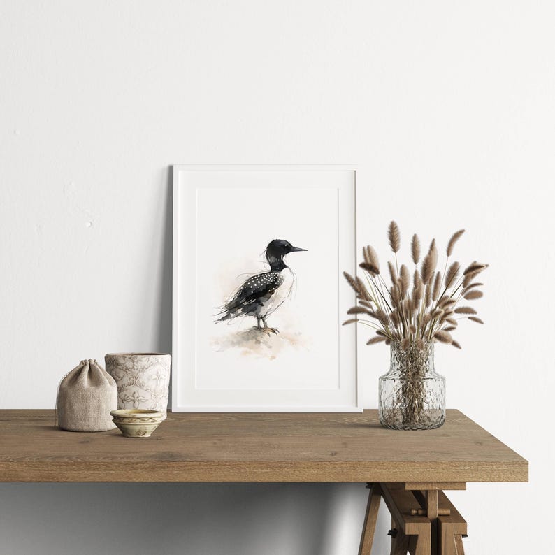 Common Loon standing on soft ground Watercolor Poster Print, waterbird Wall Art, Ink & Wash Nature Decor, Spring Floral Bird Gift for Home