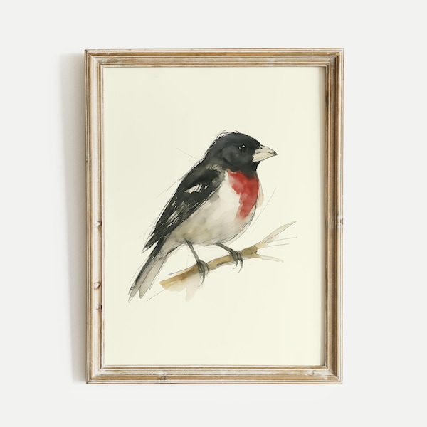 Rose-breasted Grosbeak Watercolor Poster Print, Songbird Wall Art, Ink & Wash Nature Decor, Spring Floral Bird Lovers Gift for Home, Office