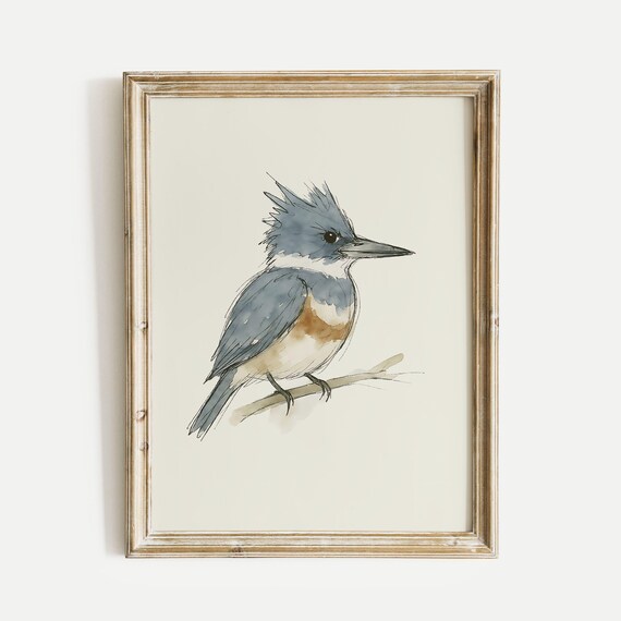 Belted Kingfisher Watercolor Poster Print, Bird Lovers Wall Art, Ink & Wash Nature Decor, Spring Floral Gift for Home, Office, Print Only