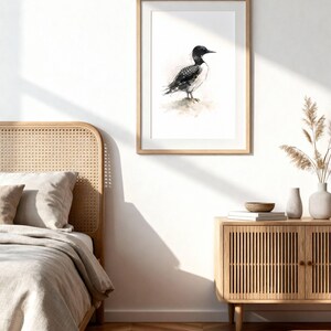 Common Loon standing on soft ground Watercolor Poster Print, waterbird Wall Art, Ink & Wash Nature Decor, Spring Floral Bird Gift for Home