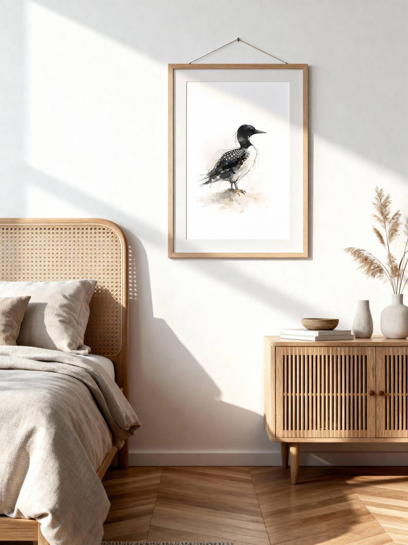 Common Loon standing on soft ground Watercolor Poster Print, waterbird Wall Art, Ink & Wash Nature Decor, Spring Floral Bird Gift for Home