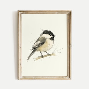 Chickadee Watercolor Poster Print, Songbird Wall Art, Ink & Wash Nature Decor, Spring Floral Bird Lovers Gift for Home, Office, Print Only