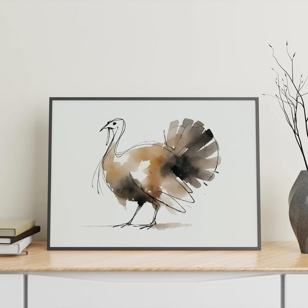 Turkey Minimalist Watercolor Ink Poster Print, Abstract Wildlife Wall Art, Animal Nature Rustic  Decor for Home & Office, Gift Idea