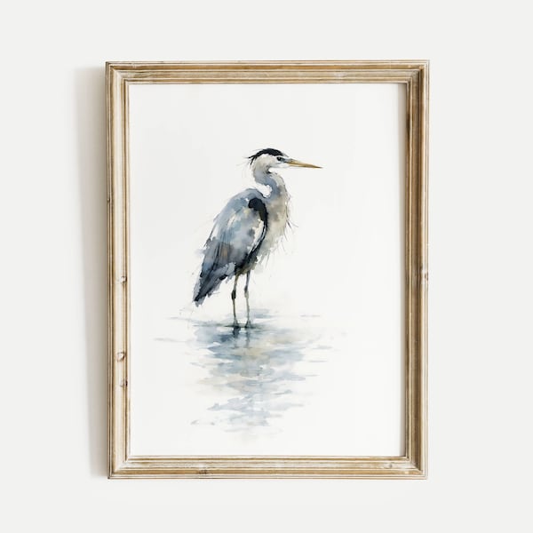 Great Blue Heron stands in water Watercolor Poster Print, Bird Wall Art, Ink & Wash Nature Decor, Spring Floral Bird Lover Gift for Home
