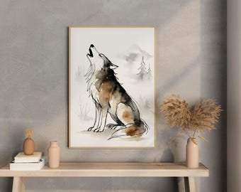 Wolf Howling Minimalistic Watercolor Poster Print, Abstract Western Animal Wall Art, Rustic Wildlife Decor for Home & Office, Gift Idea