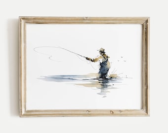 May include: Watercolor painting of a person fly fishing in a river. The artwork features a person wearing waders and a hat, casting a line. The color palette includes shades of blue, beige, and brown, with a wooden frame.