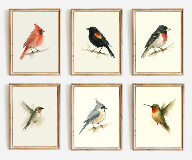 Watercolor Poster Print, Wall Art, Ink & Wash Nature Decor, Spring Floral Bird Gift for Home