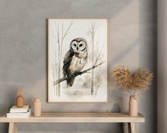 Barred Owl Minimalistic Watercolor Poster Print, Abstract Western Animal Wall Art, Rustic Wildlife Decor for Home & Office, Gift Idea