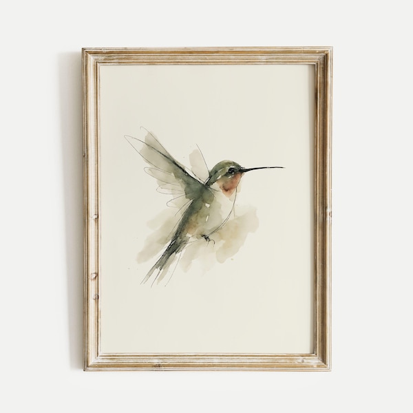 Ruby-throated Hummingbird Watercolor Poster Print, Songbird Wall Art, Ink & Wash Nature Decor, Spring Floral Bird Gift for Home, Print Only