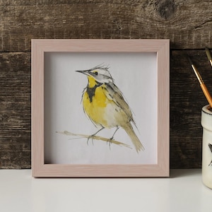 Meadowlark Watercolor Poster Print, Yellow Songbird Wall Art, Ink & Wash Nature Decor, Spring Floral Bird Gift for Home and Office, No Frame