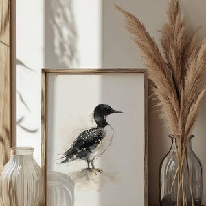 Common Loon standing on soft ground Watercolor Poster Print, waterbird Wall Art, Ink & Wash Nature Decor, Spring Floral Bird Gift for Home
